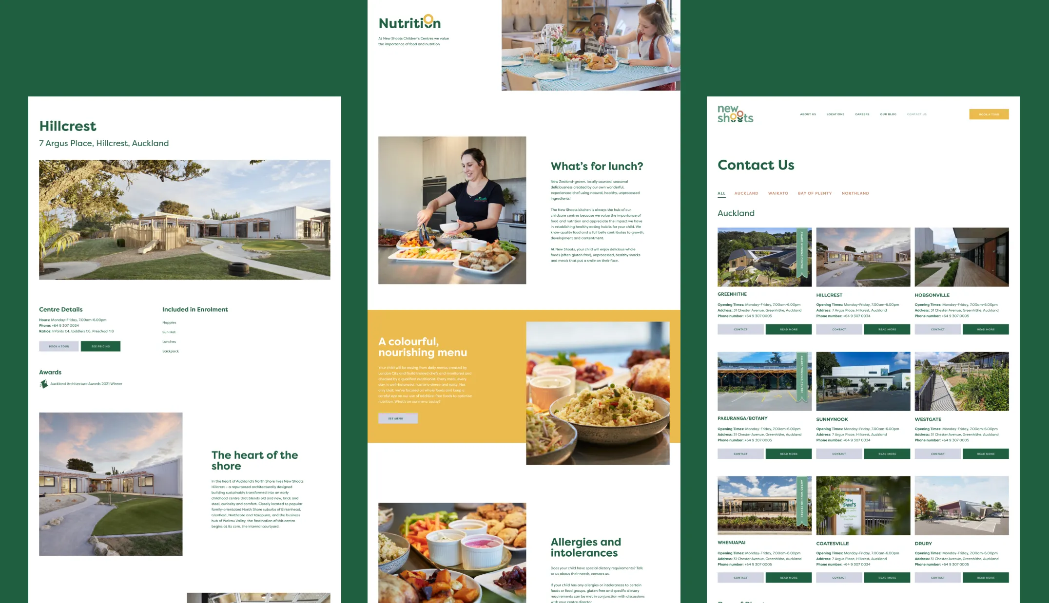 New Shoots Hillcrest centre, Nutrition and Contact Us web pages shown side by side