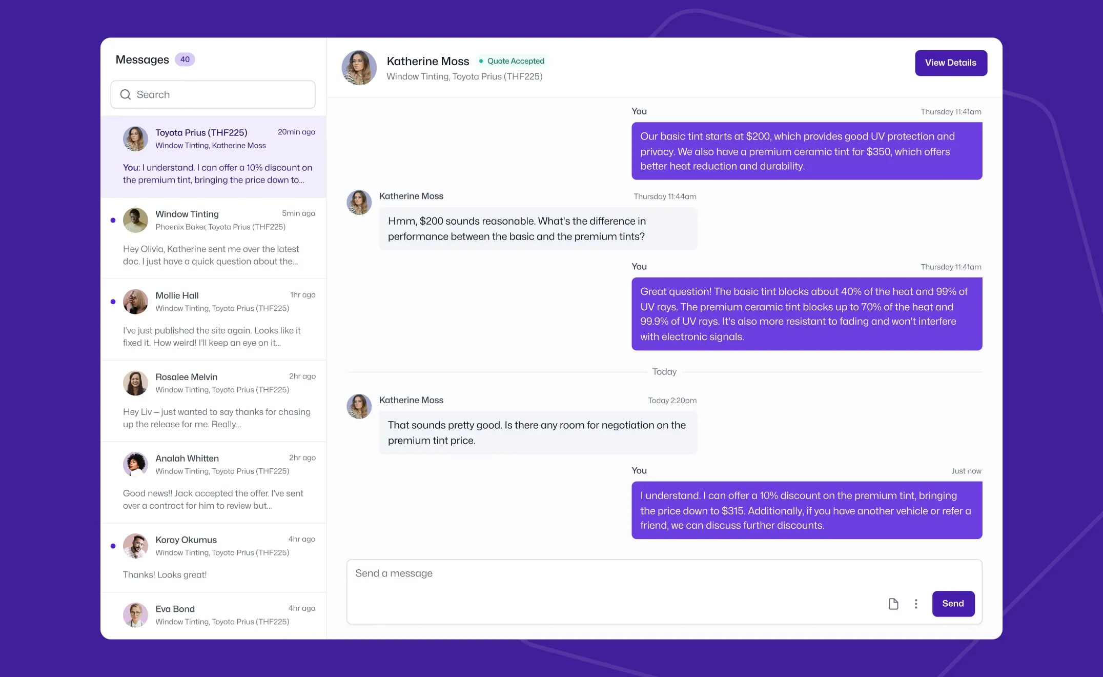 Motorfy provider admin messages portal with a customer chat negotiating a window tinting quote