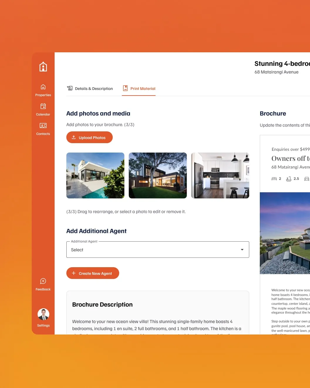 Property Writer AI print material screen for uploading listing photos and previewing the brochure