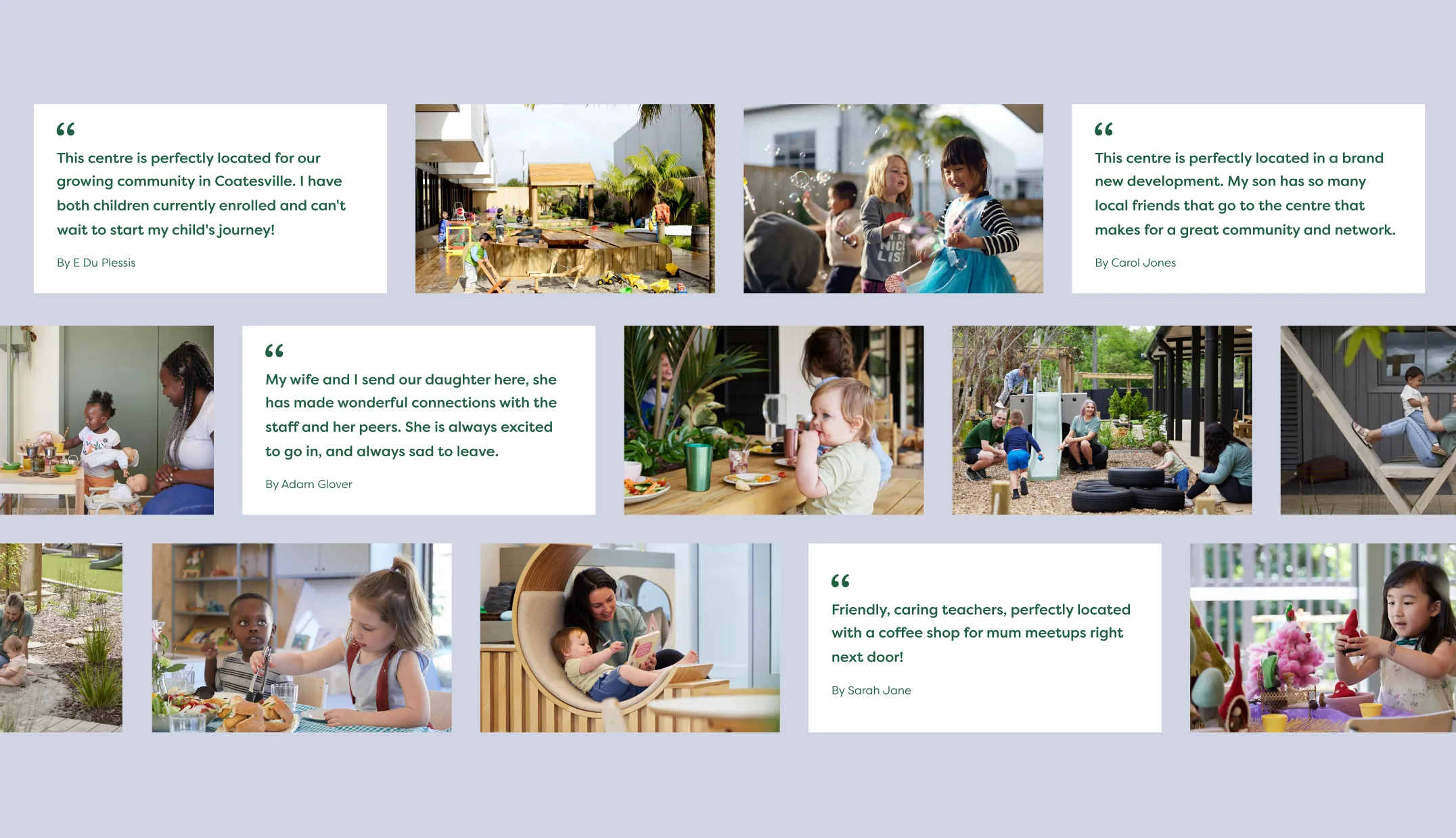 New Shoots parent testimonials mosaic with quotes and photos of children at play and mealtimes