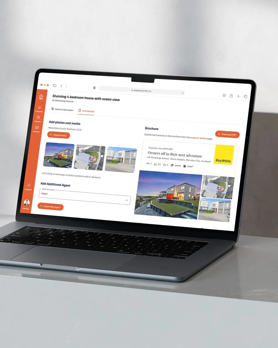 Property Writer AI print material screen with a Ray White branded brochure preview on a laptop