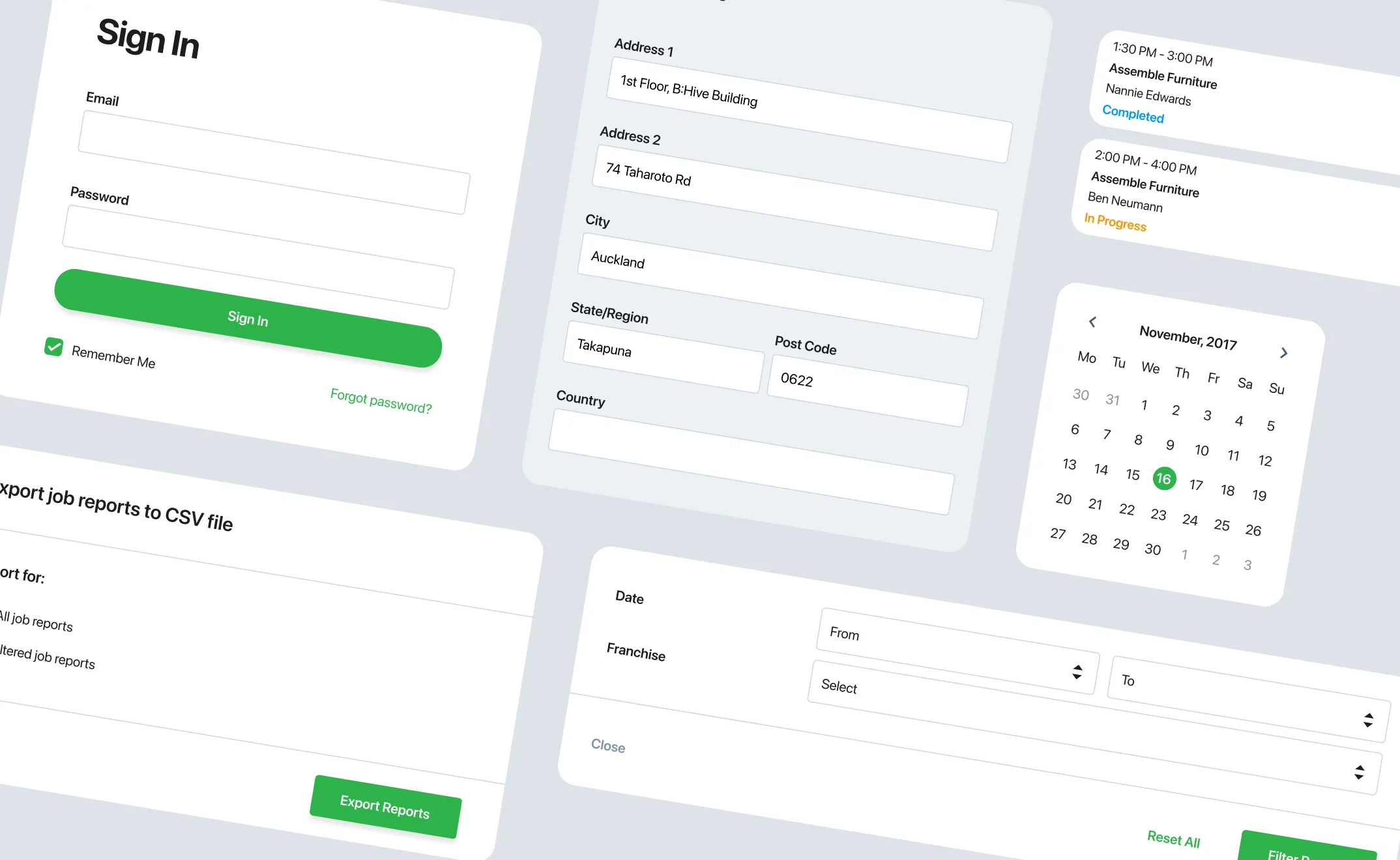 Kitset Assembly platform UI components including a sign-in form, address fields, a calendar, job cards and CSV report export