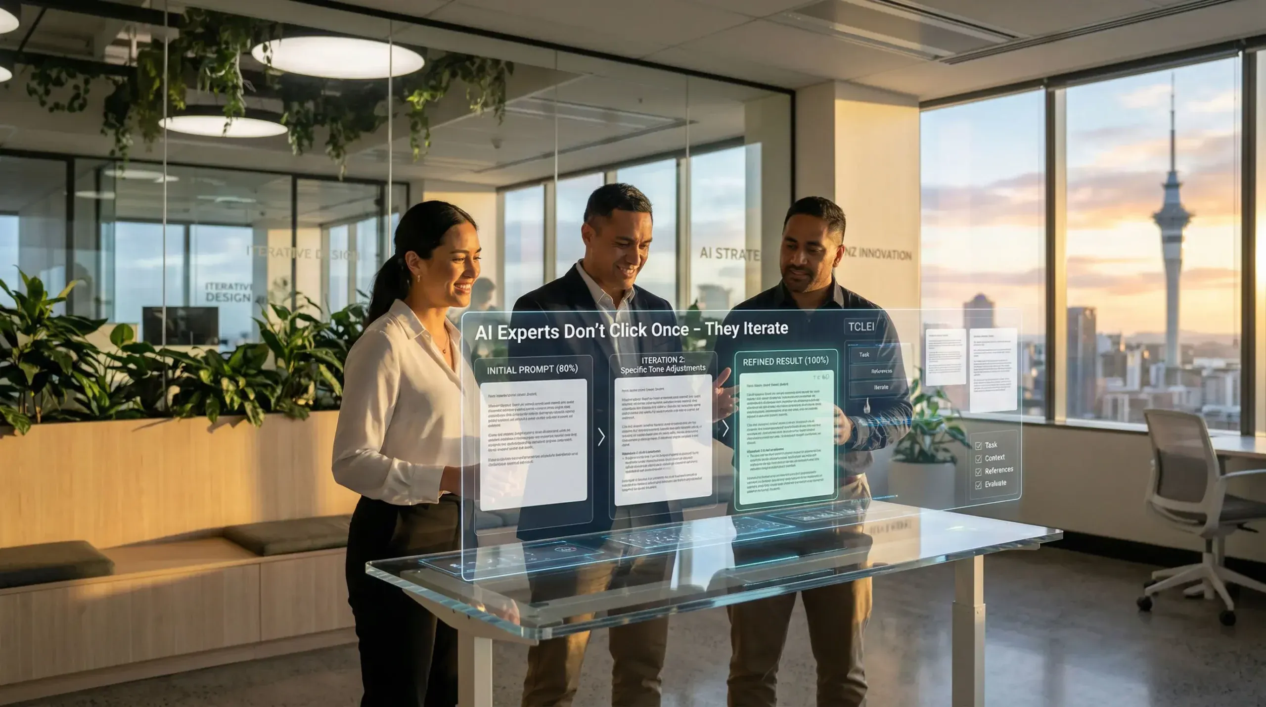 Illustration with the text "AI Experts Don't Click Once" suggesting an iterative approach to working with AI tools