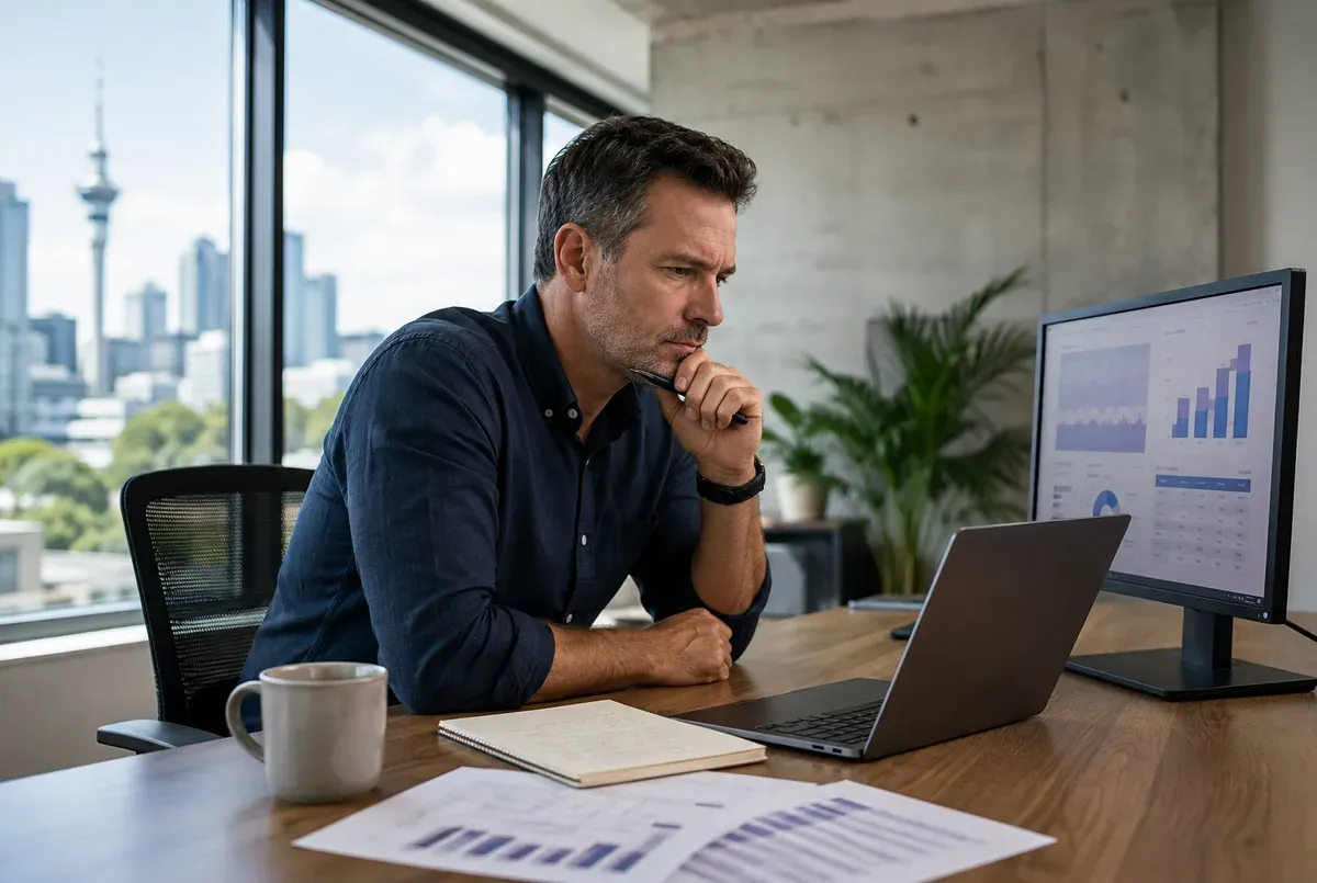 A business owner at a desk in an Auckland office, pen in hand and deep in thought, comparing a printed cost chart with the rising bar chart on his monitor, the Sky Tower visible through the window