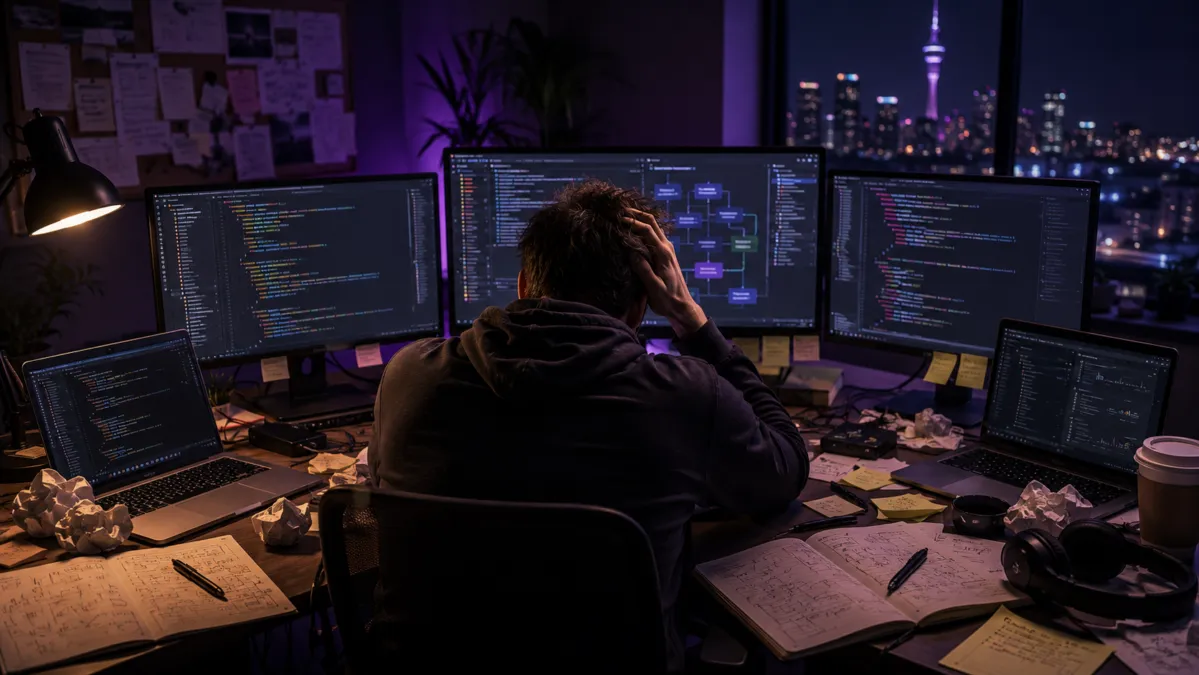 A developer and client reviewing code on a laptop, representing a software project transition in New Zealand