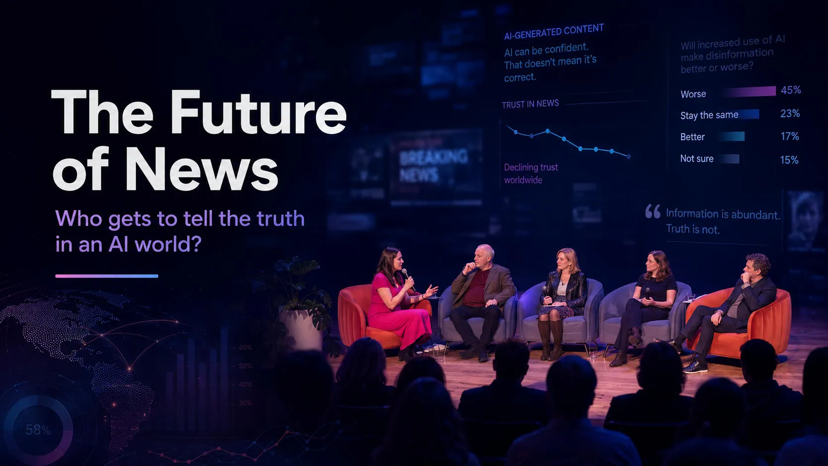 Five-person Future of News panel on stage beside slides on AI disinformation and declining trust in news