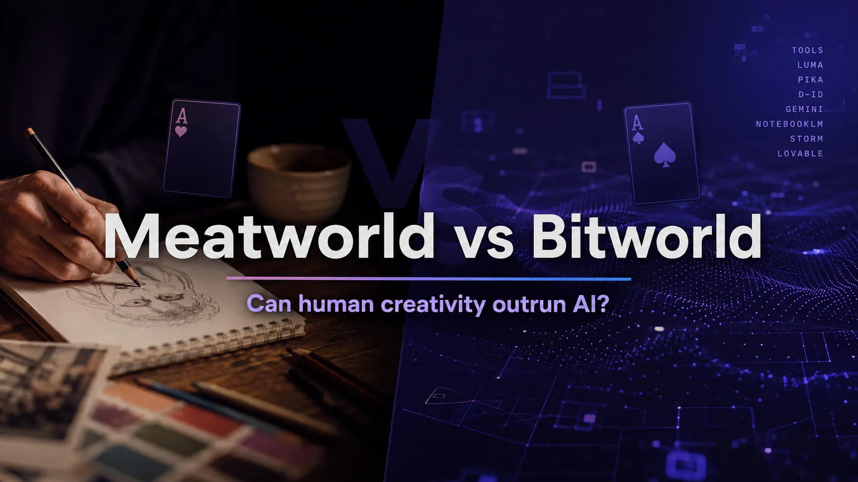 Meatworld vs Bitworld graphic contrasting a hand sketching by candlelight with an AI-generated digital landscape