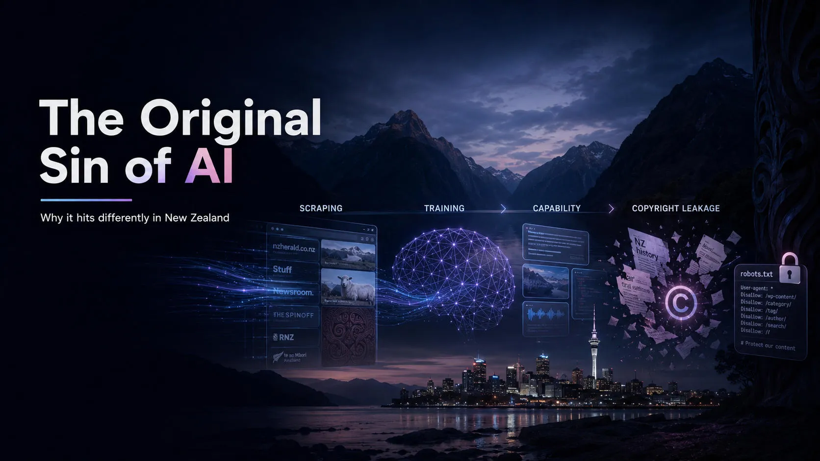 The Original Sin of AI slide showing NZ news sites scraped into a neural net, with copyright leakage and a robots.txt block