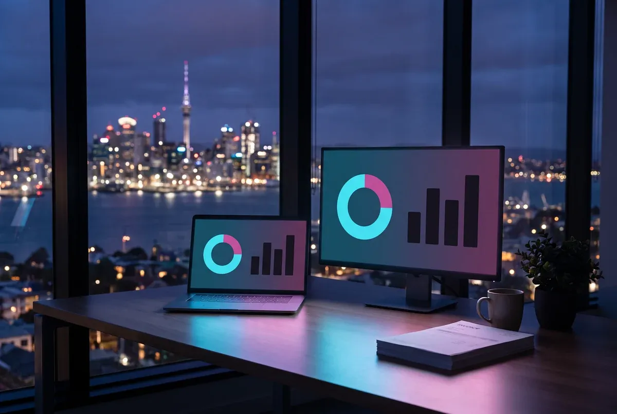 A tidy Auckland office desk at night with a laptop and monitor glowing with business dashboards and a stack of invoices, the city skyline and Sky Tower lit up across the harbour through the window