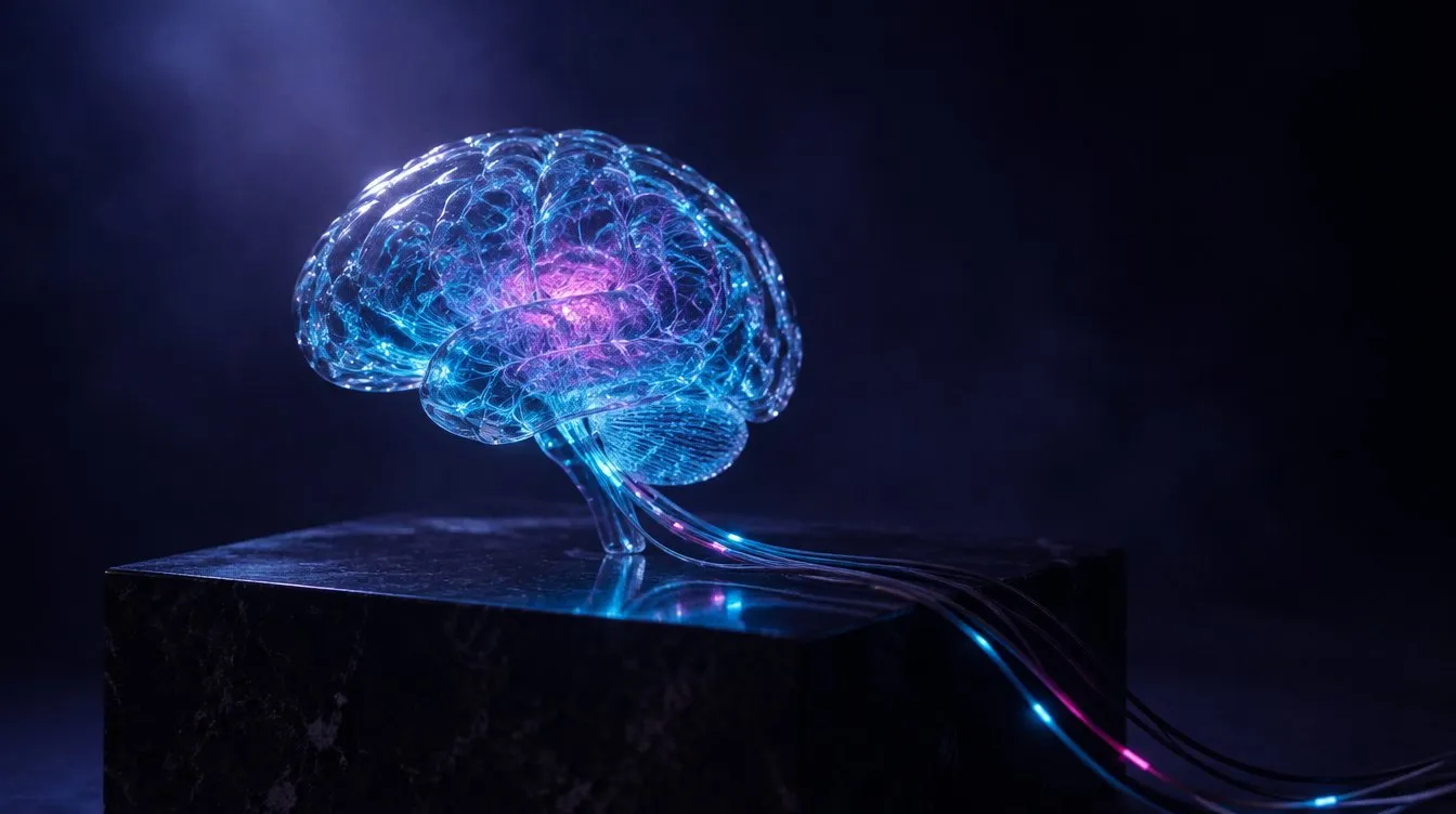 A translucent glass brain lit from within in cyan and magenta, resting on a dark stone plinth with a few fibre-optic cables running out from its base into the dark
