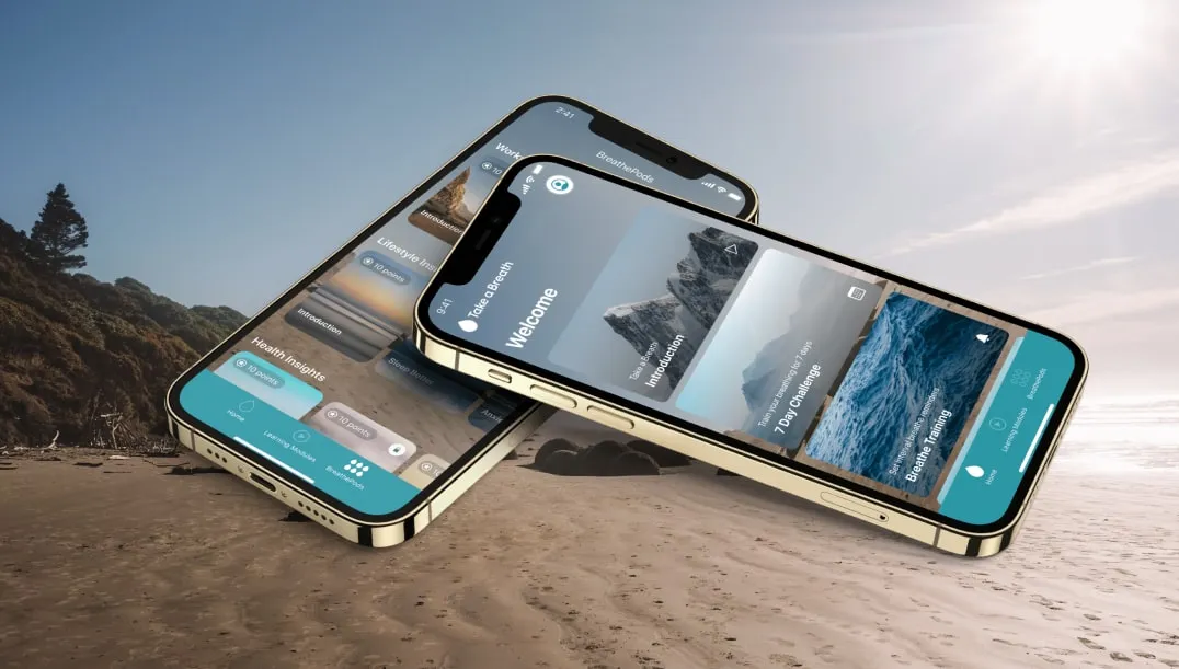 Take A Breath breathing and stress-management app shown on two phones on a beach, with welcome and learning module screens
