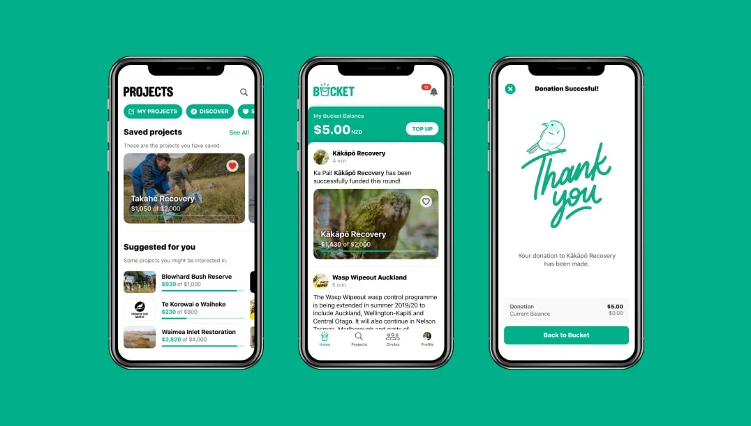 Bucket conservation app on three phones showing NZ projects like Takahe and Kakapo Recovery and a donation thank-you screen