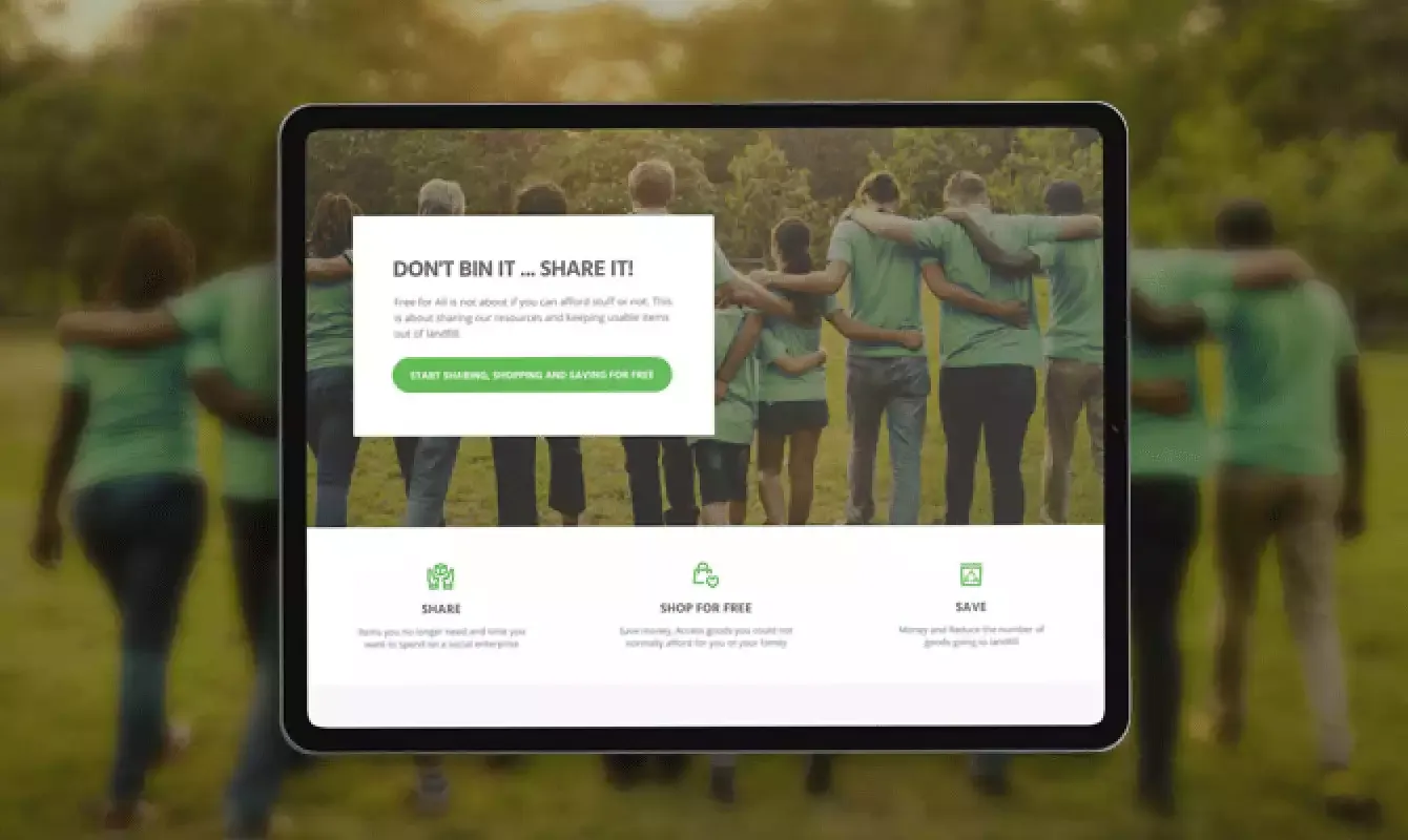 FreeForAll website on a tablet, headline "Don't bin it, share it" over volunteers in green shirts, item-sharing marketplace