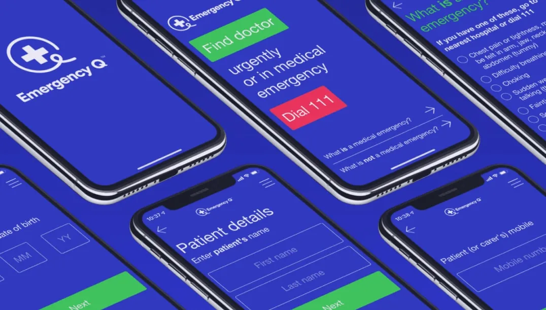 Emergency Q healthcare app across several blue phone screens, showing find a doctor, patient details, and symptom triage