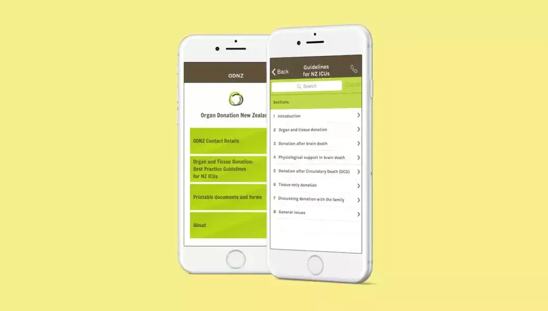 Organ Donation New Zealand app on two phones, showing ODNZ contact details and best-practice donation guidelines for NZ ICUs