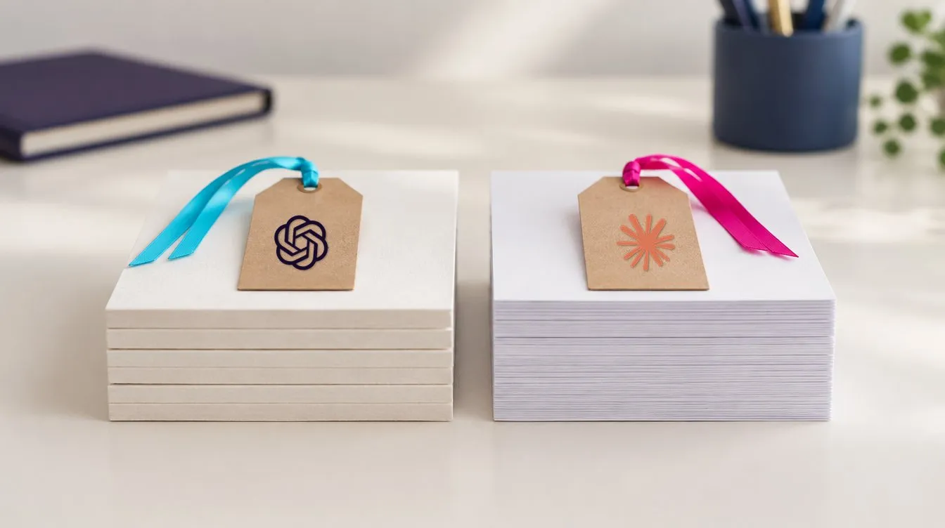 Two stacks of paper of exactly the same height on a desk, one made of a few thick sheets and one of many thin sheets, with a kraft tag on each, the OpenAI logo on the cyan-ribboned tag and the Anthropic logo on the magenta one