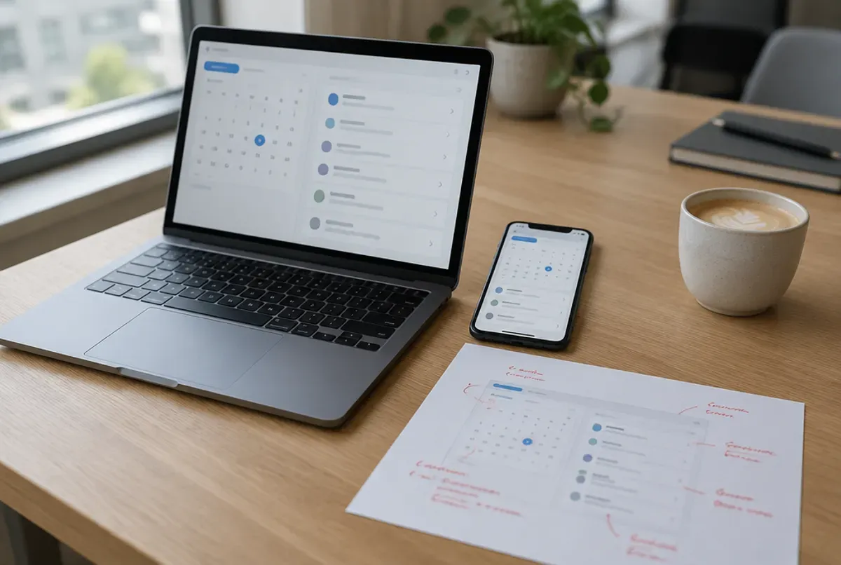 A laptop and a phone showing the same working app prototype, with a printout of the screen marked up in red pen
