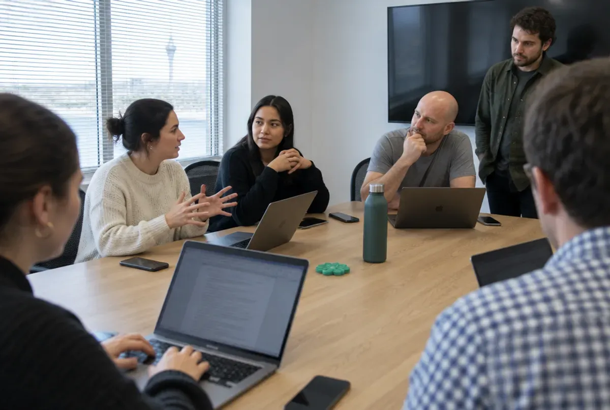 A small team around a meeting table with laptops open, one person explaining while the others listen, the Sky Tower visible through the window