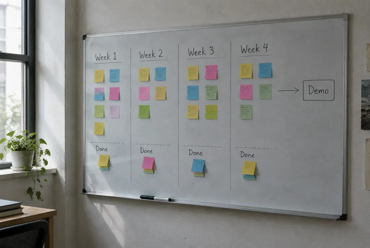 A whiteboard planned out as a four-week proof of concept, with sticky notes under Week 1 to Week 4 and an arrow to a demo