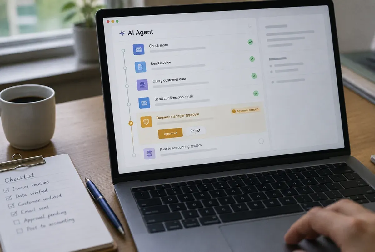 A laptop showing an AI agent's run log, with email, invoice and customer data steps ticked off and the next step paused with an Approval needed badge and Approve and Reject buttons