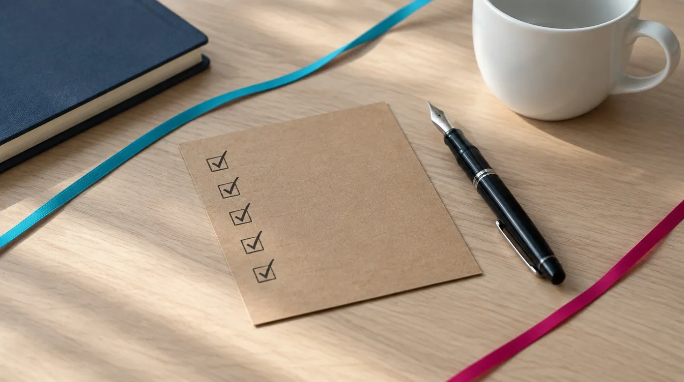 A kraft-paper checklist card on a pale oak desk with five ticked boxes down its left side, a fountain pen lying beside it, a dark navy notebook and a white cup nearby, and cyan and magenta ribbons running across the desk