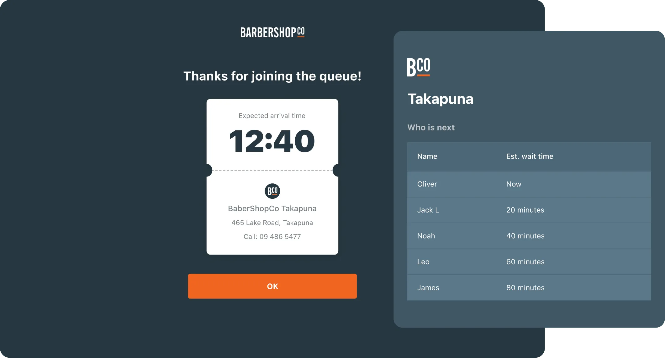 BarbershopCo virtual queue screens showing a Takapuna queue confirmation with expected arrival time and a Who is next list of names and wait times