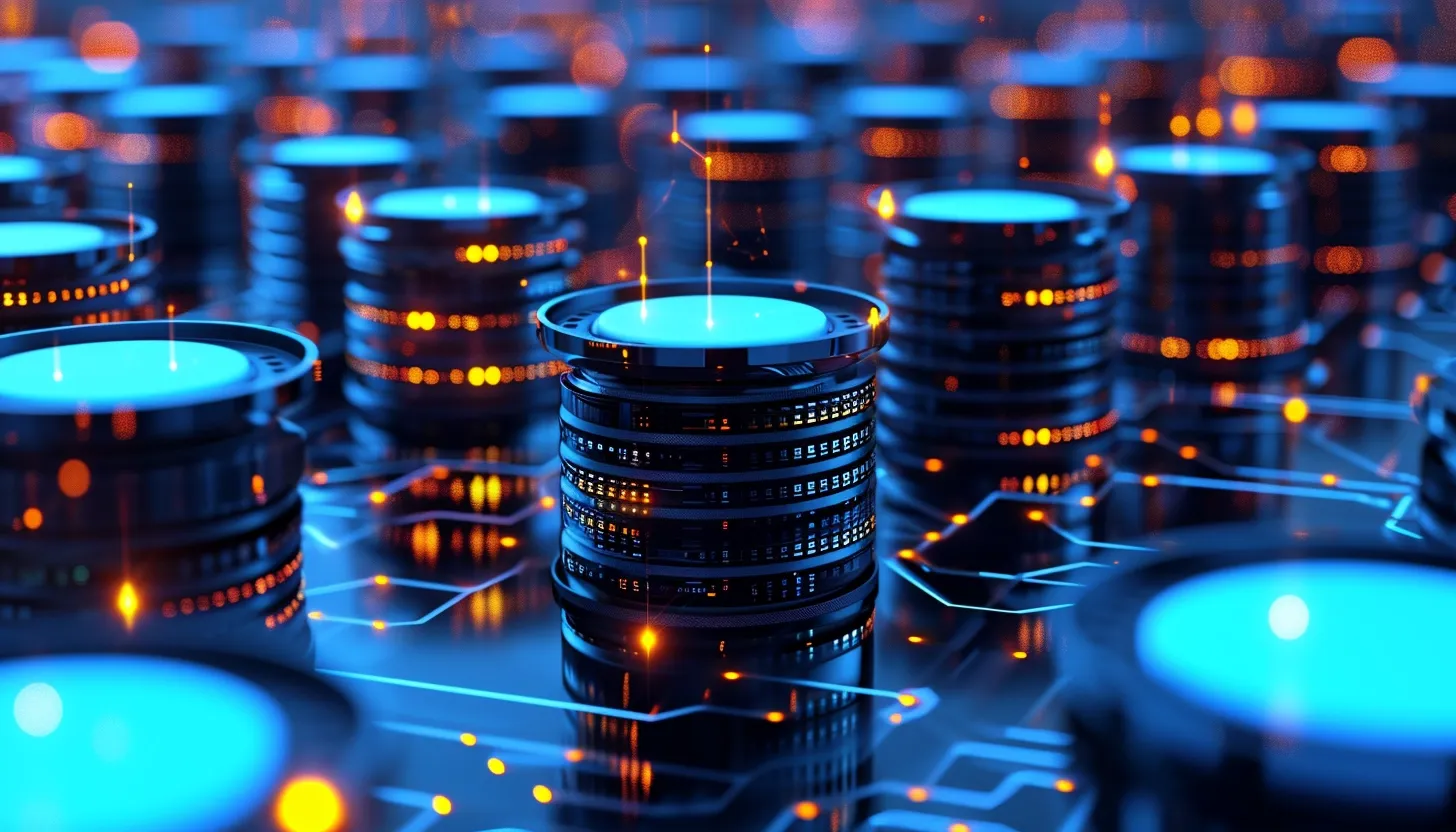3D render of glowing database server cylinders on a circuit board, representing cloud resources and infrastructure