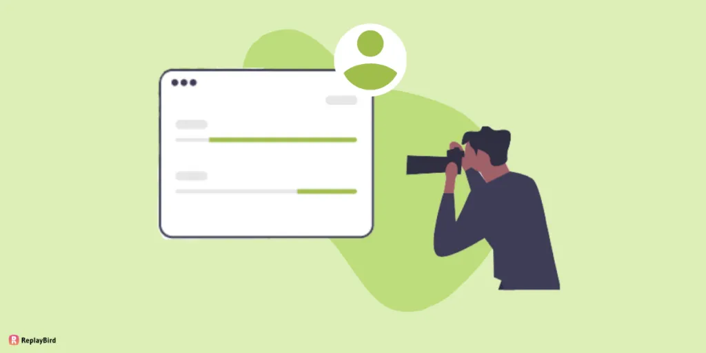 Illustration of a person aiming a camera at a browser window, representing session replay capturing a user's journey
