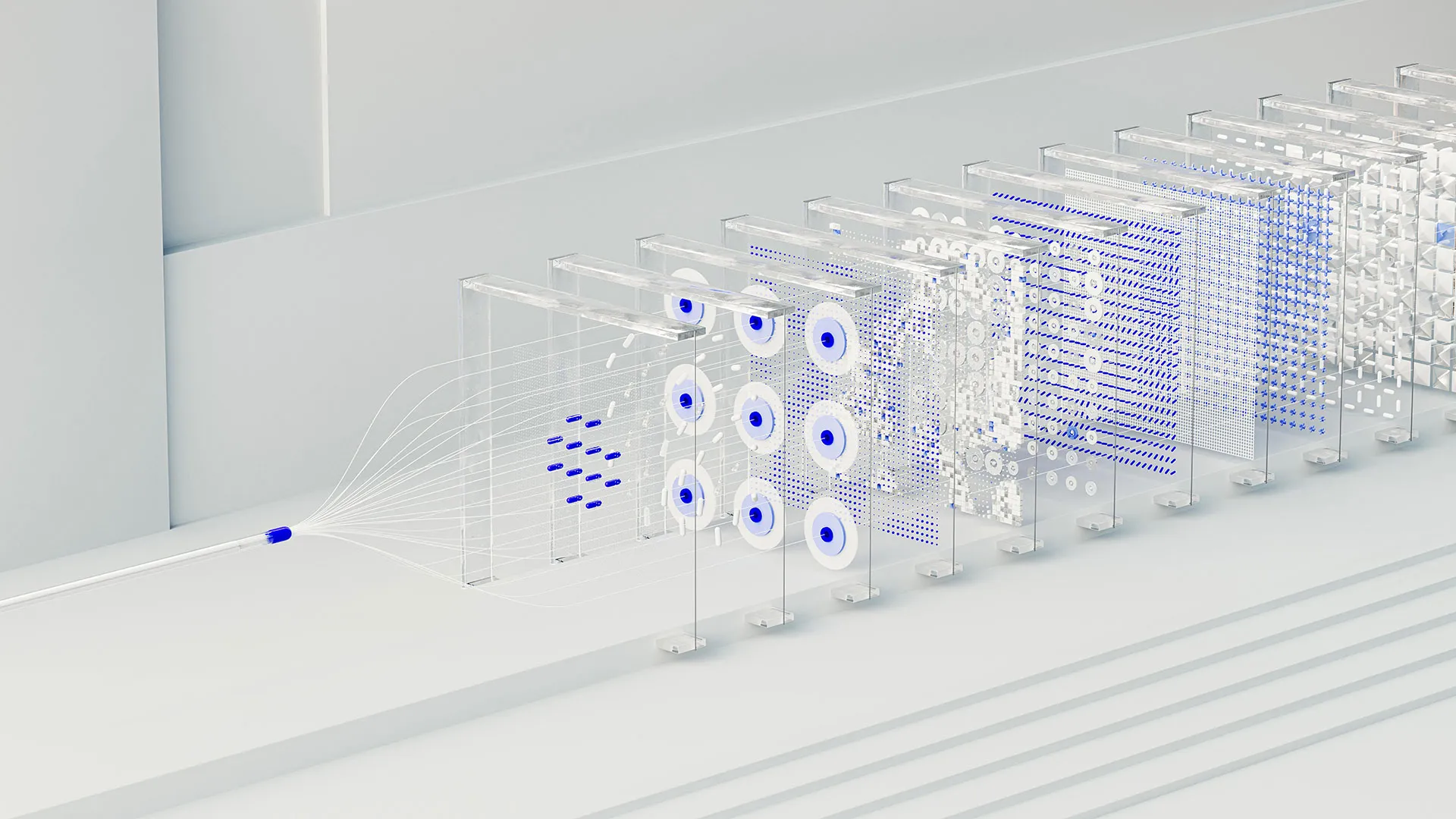 Abstract 3D render of layered translucent data panels and fibre lines feeding into one point, representing centralised monitoring