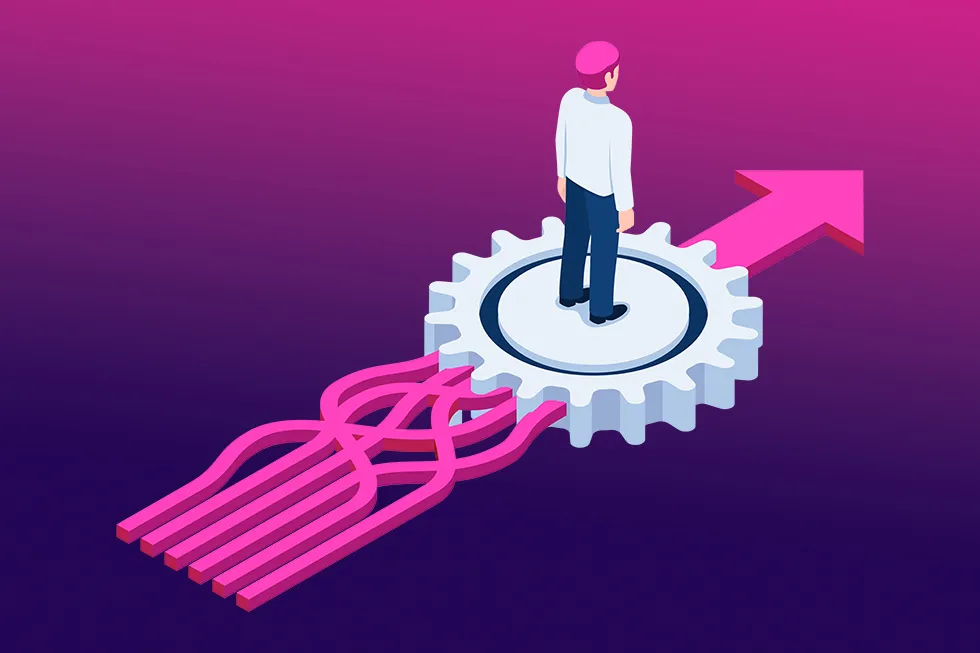 Isometric illustration of tangled arrows being arranged in an orderly way by a gear, representing middleware organising chaotic system connections.