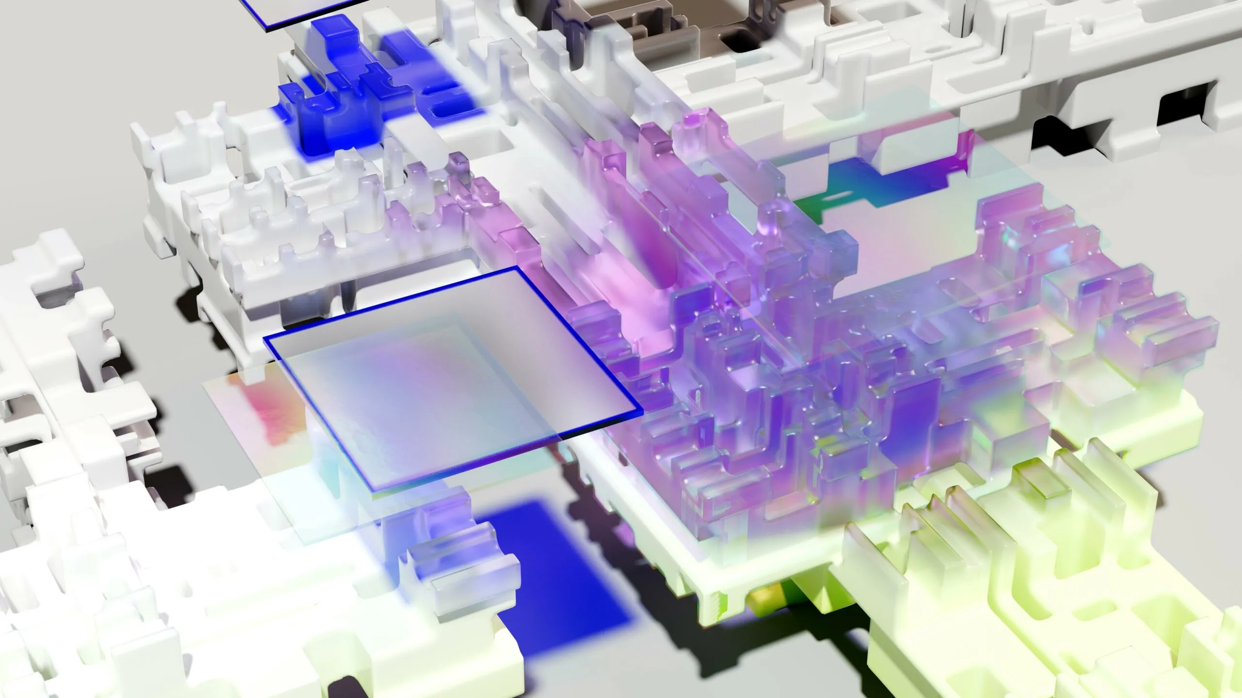 Abstract image with purple, white and blue representing mobile technology.