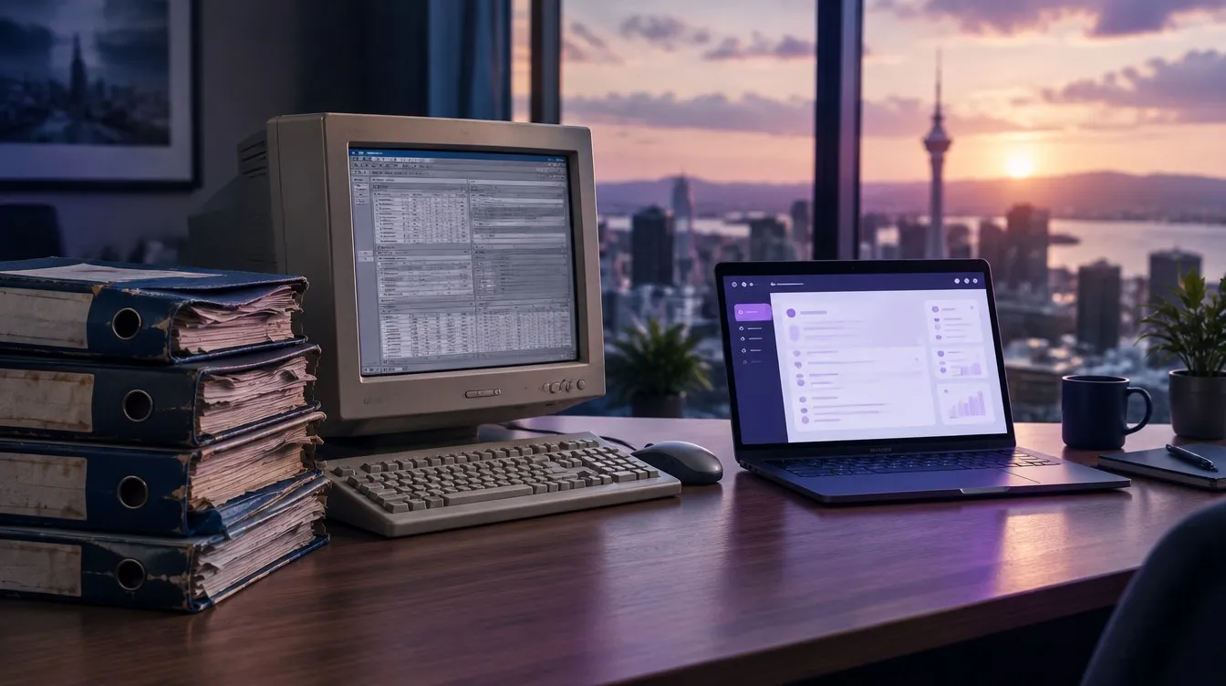 An old beige monitor showing a cluttered grey enterprise software screen beside a stack of worn licence binders, with a laptop running a clean modern web app, Auckland skyline at sunset behind