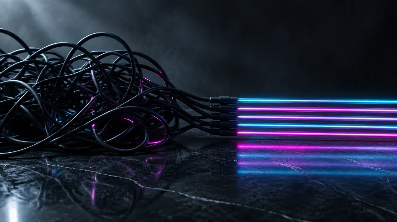 A tangled heap of black cables on dark polished stone straightening into five neat parallel cables that glow cyan and magenta as they run off to the right