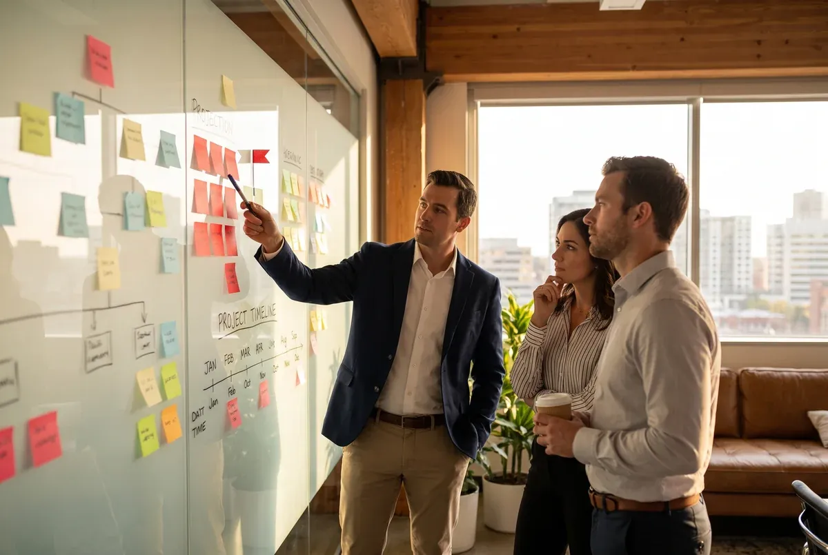A software team studying a glass wall of sticky notes and a timeline marked with red critical flags as they diagnose a troubled project