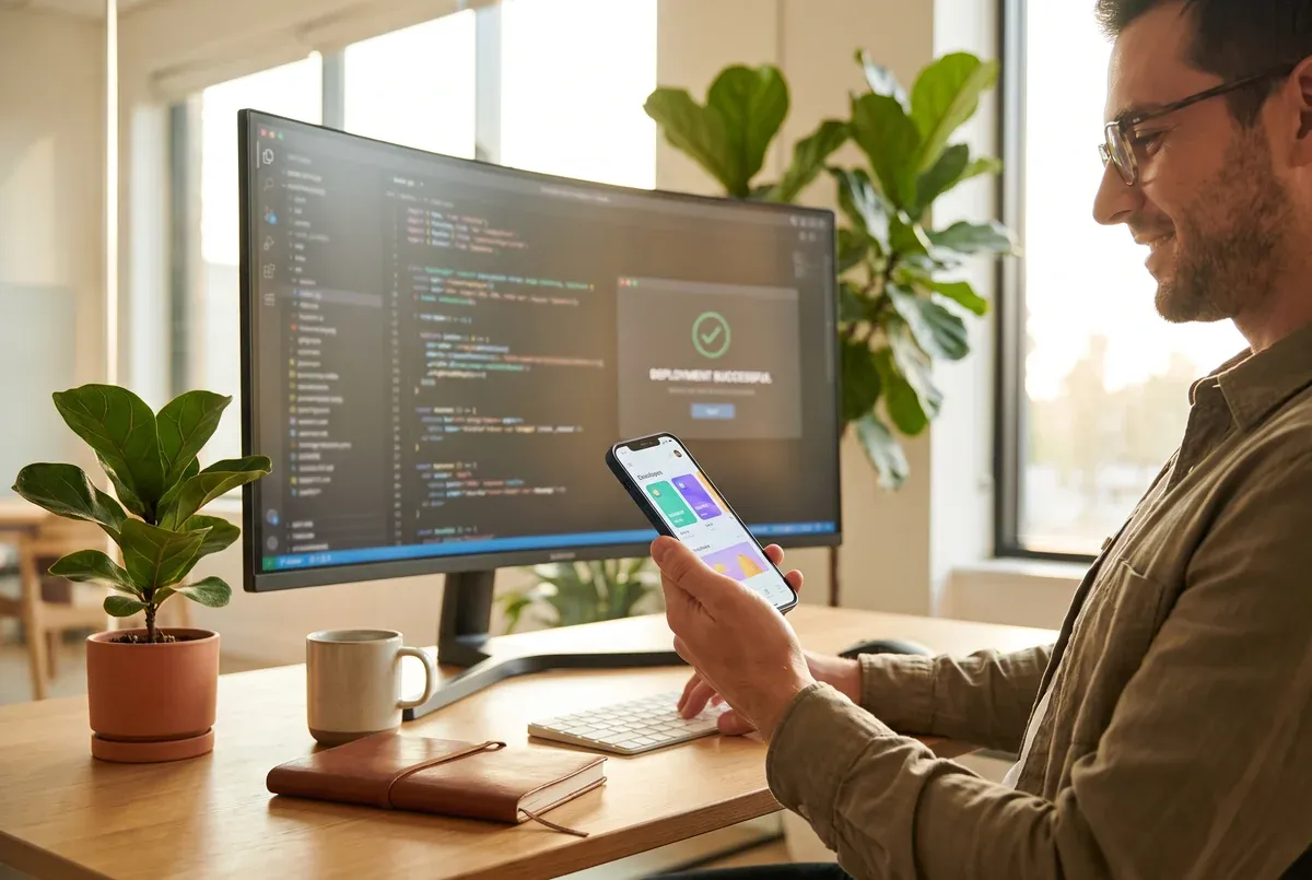 A developer holding a phone showing a finished app next to a monitor displaying clean code and a successful deployment