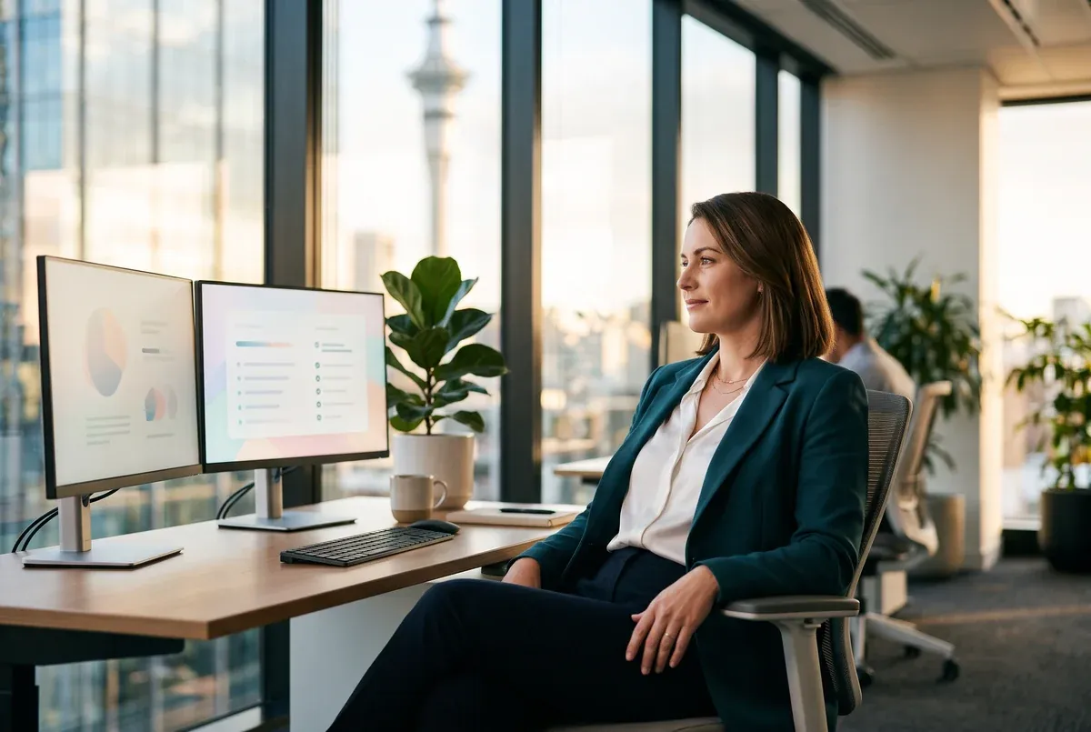 A manager sitting back at her desk, hands off the keyboard, calmly watching monitors as an AI agent works through a multi-step task list on its own
