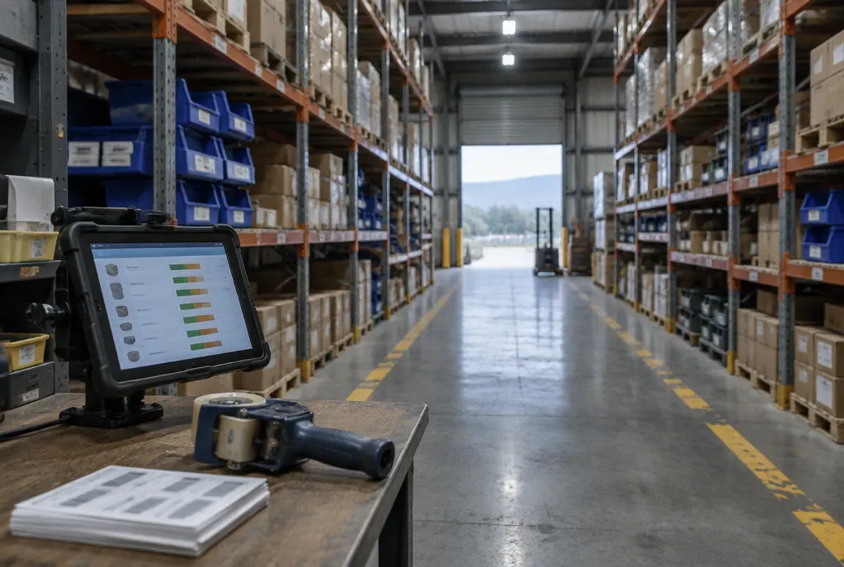 An empty warehouse aisle lined with stocked racking, with a rugged tablet on a packing bench showing live stock levels