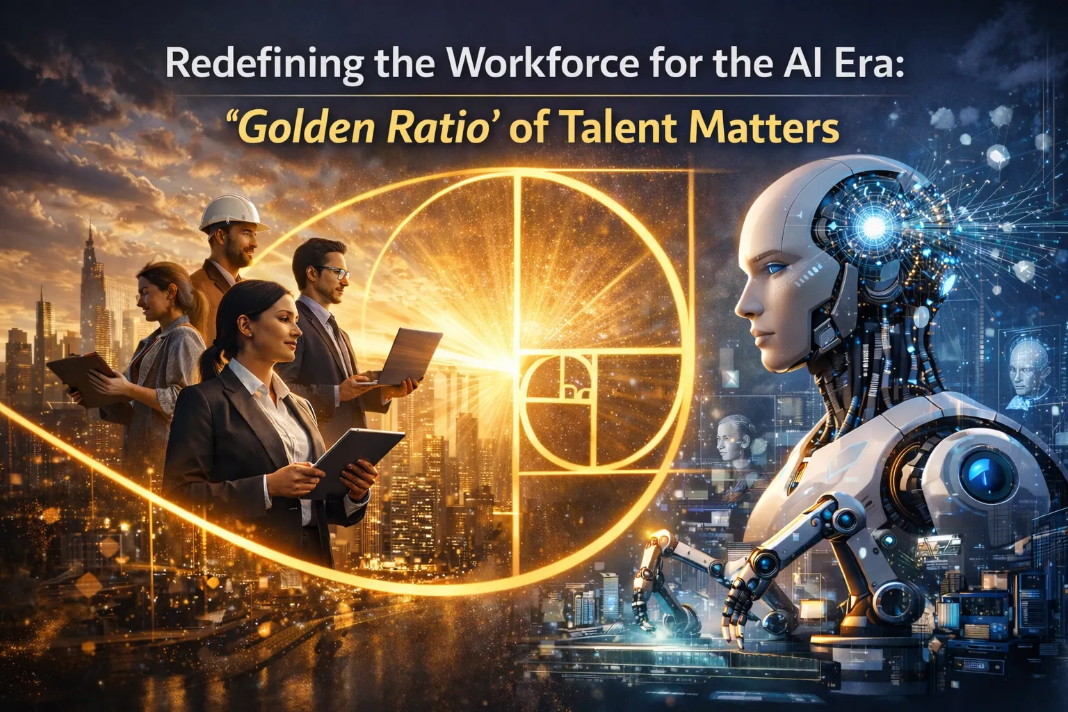 Golden ratio spiral overlaid on a stylised workforce diagram representing the balance between human talent and AI capability
