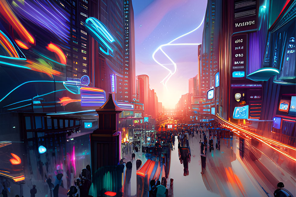 An image of a futuristic cityscape, glowing with neon lights and holographic interfaces, symbolizing the vast and complex digital landscape of the Metaverse