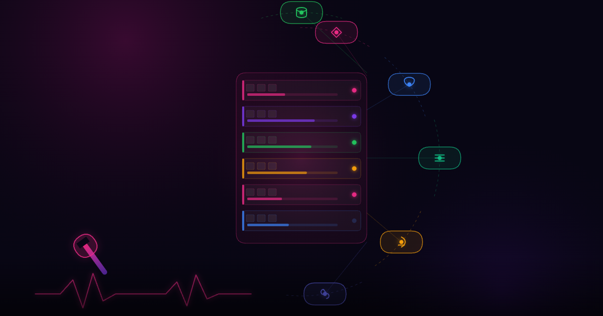Legacy software maintenance — gears, server rack and circuit board system visualisation