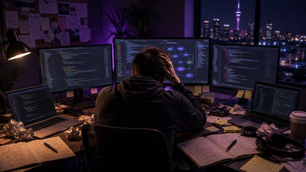 Signs You Need to Break Up With Your Software Developer | NZ Project Rescue Guide Frustrated developer working late at night surrounded by multiple screens showing code, representing software project failure and the need to switch developers in New Zealand